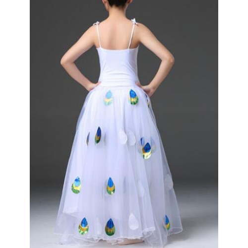 Girls kids white color chinese folk peacock dance dresses kids children stage performance costumes